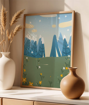 Landschaft mit schneebedeckten Bergen und Blumen im Cartoon-Stil
