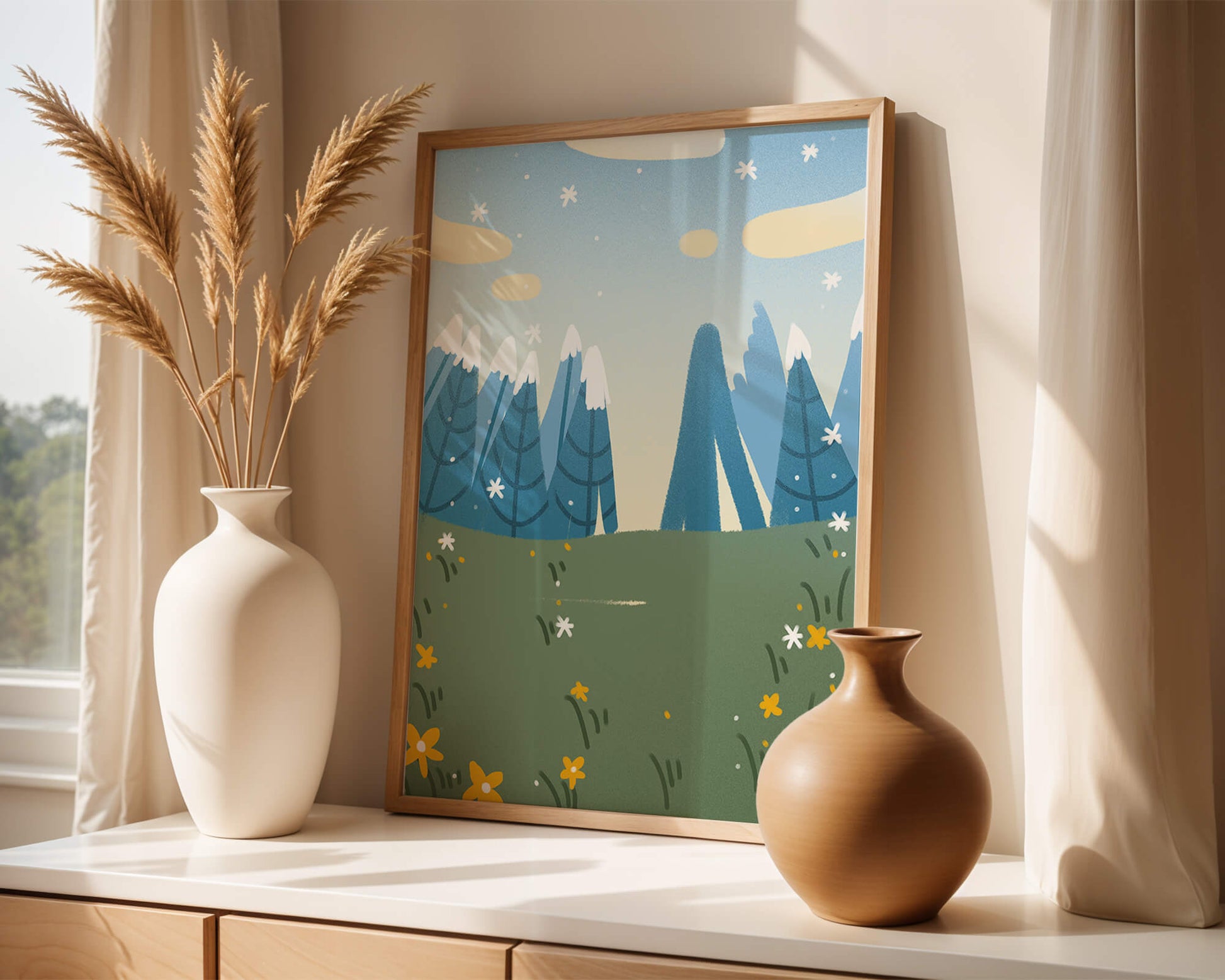 Landschaft mit schneebedeckten Bergen und Blumen im Cartoon-Stil