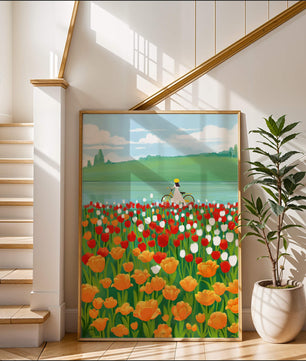 Woman with bicycle in vibrant tulip field by a lake