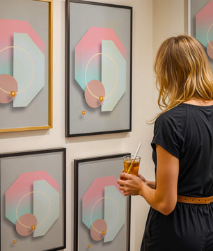 An abstract geometric art piece with pastel tones and golden accents