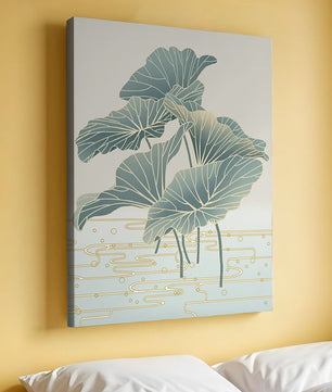 Elegant botanical illustration featuring large leaves with golden accents