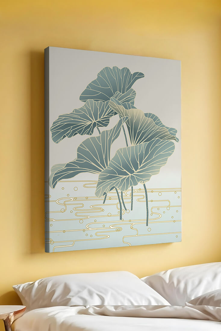 Elegant botanical illustration featuring large leaves with golden accents