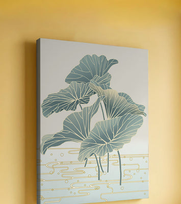 Elegant botanical illustration featuring large leaves with golden accents