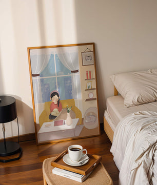 Cozy living room with a girl and a dog on a yellow sofa