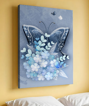 Elegant butterfly with blue floral arrangement artwork