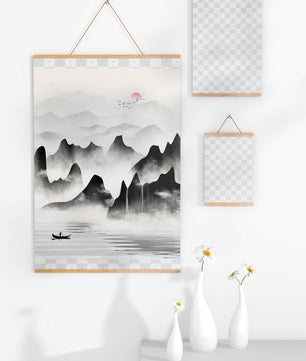 Peaceful mountain landscape with mist and rising sun