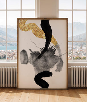 Abstract black and gold brushstrokes with textured patterns