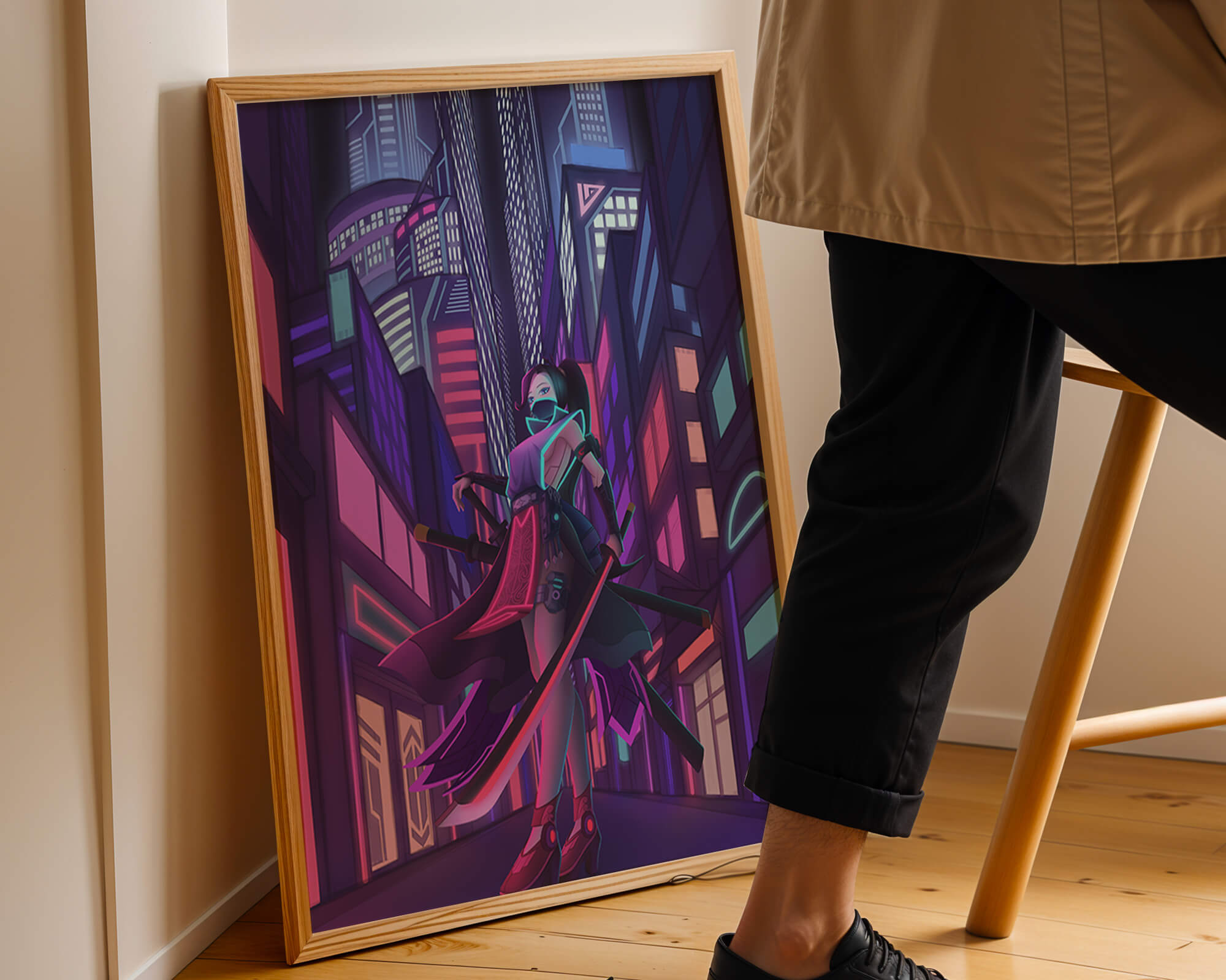 Futuristic cyberpunk cityscape with a female character and neon lights