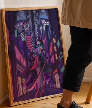 Paisaje urbano futurista de cibercpunk con una protagonista femenina y luces de neón