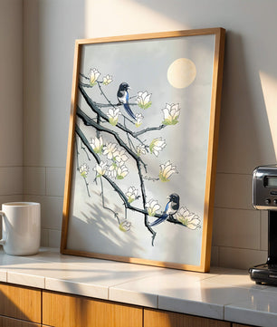 Magpies on Blooming Branches under Full Moon