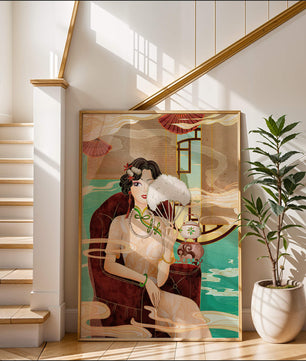 Œuvre d'art élégante d'inspiration asiatique vintage représentant une femme avec un éventail
