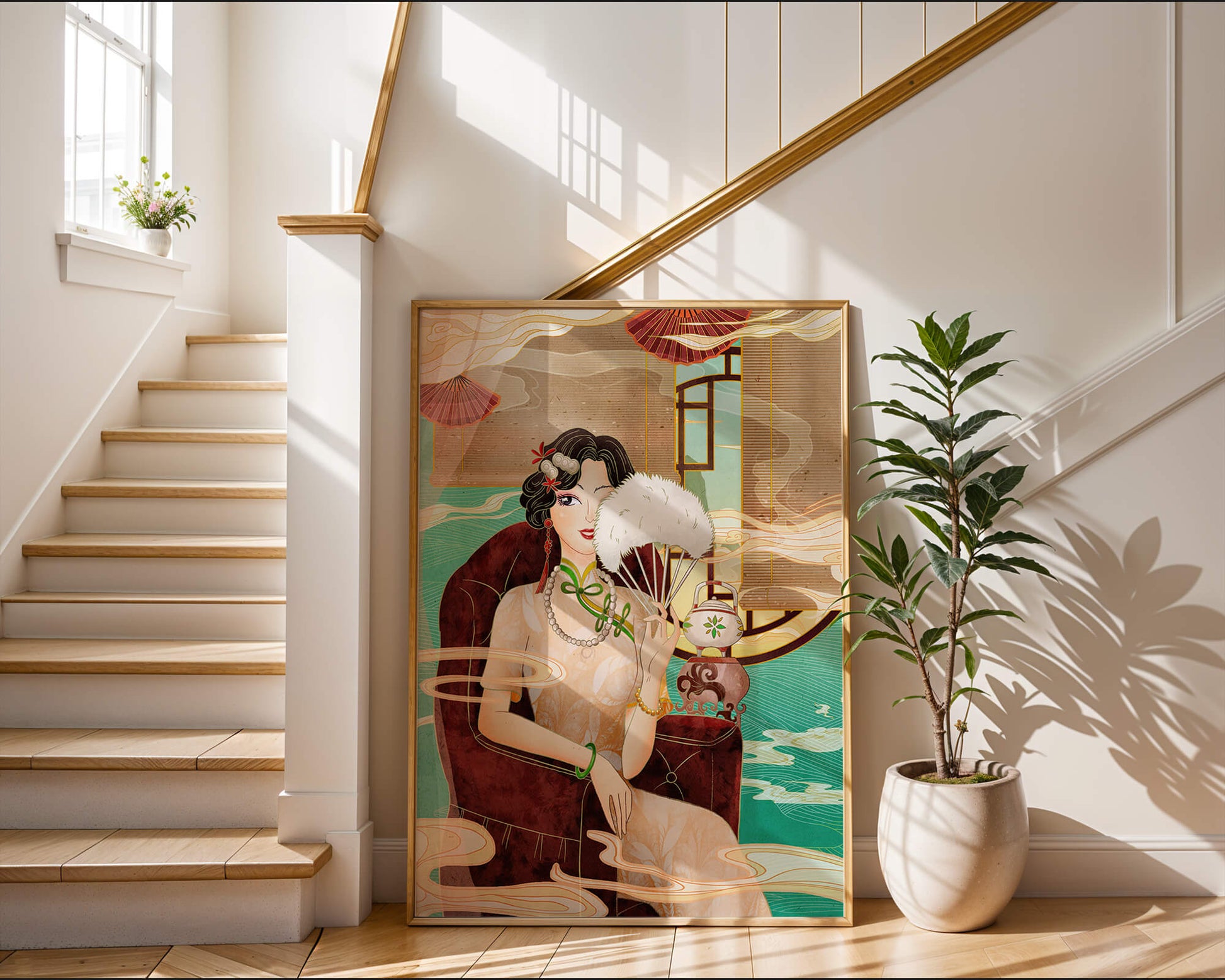 Elegant vintage Asian-inspired artwork featuring a woman with a fan