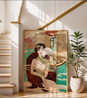 Elegant vintage Asian-inspired artwork featuring a woman with a fan