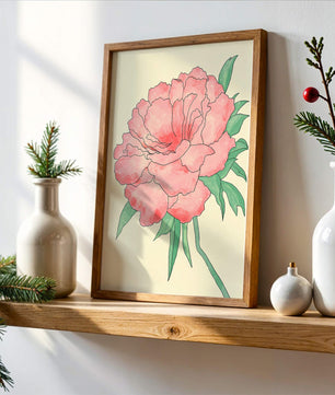 Delicate Pink Peony with Green Leaves Illustration