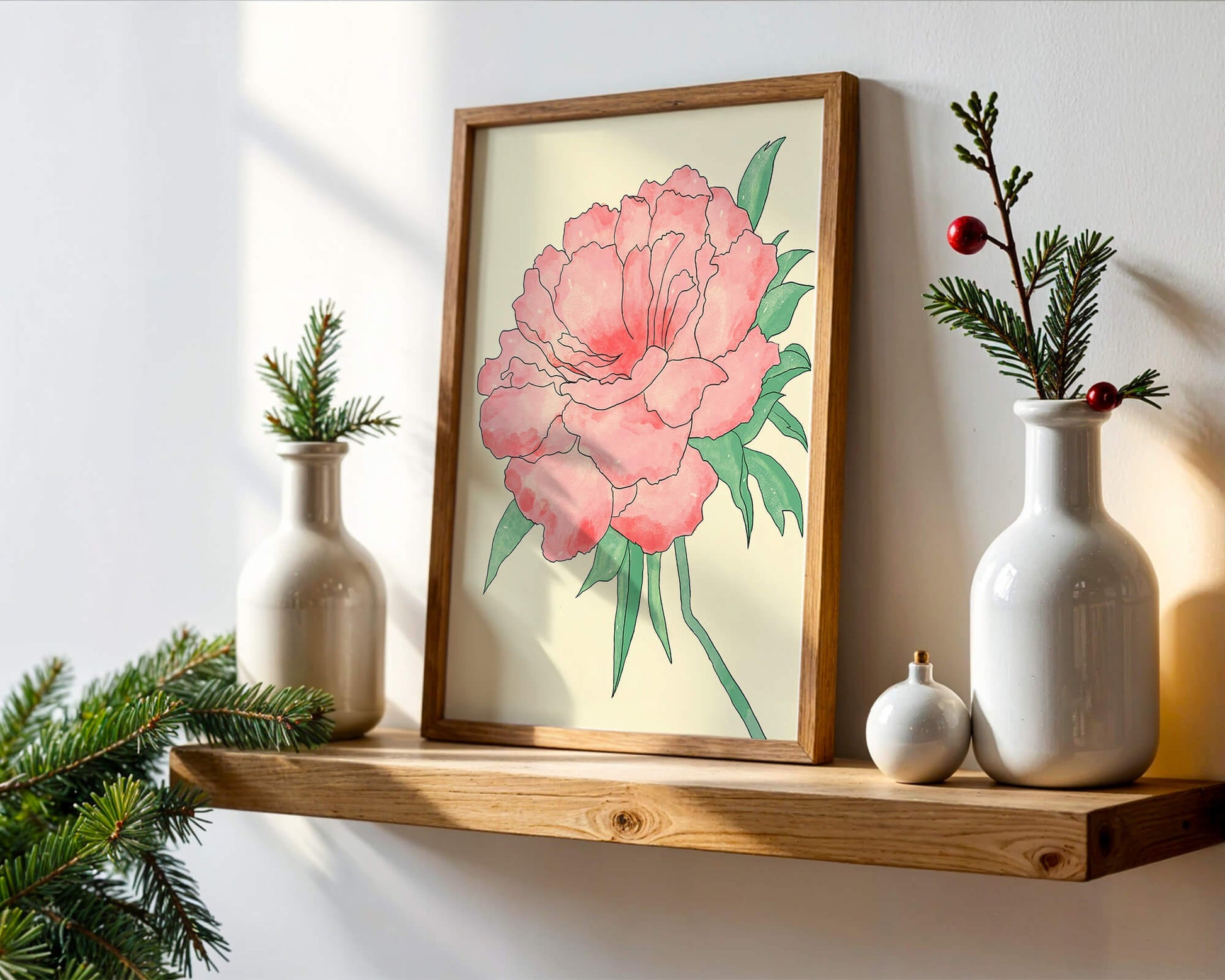 Delicate Pink Peony with Green Leaves Illustration