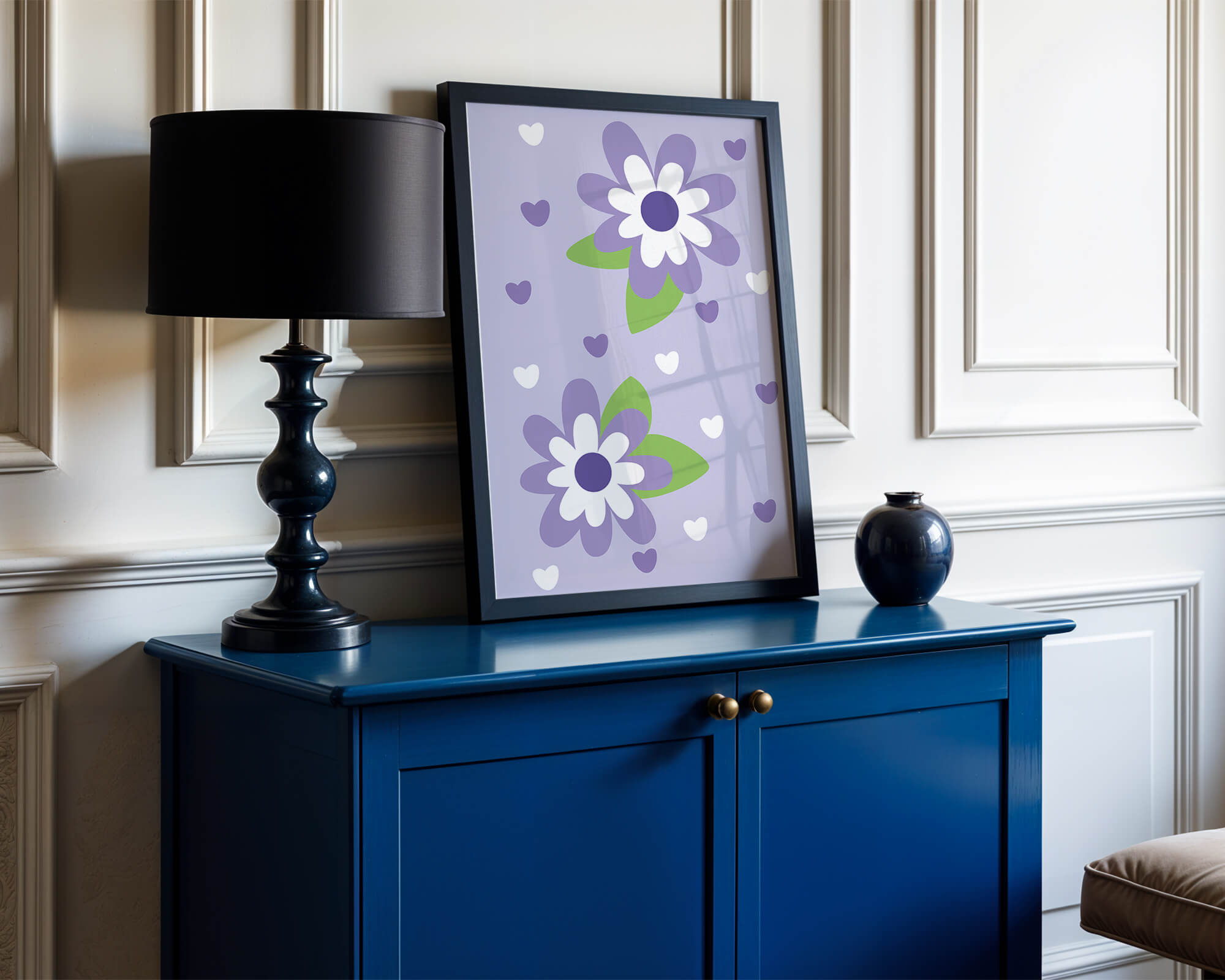 Elegant purple floral pattern with green leaves and heart accents