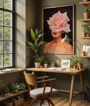 Woman with a Rose Head and Red Lips on a Dark Background - Mi tienda