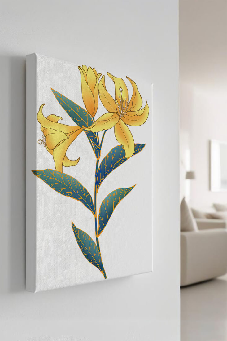 Elegant golden lily illustration with intricate leaf details
