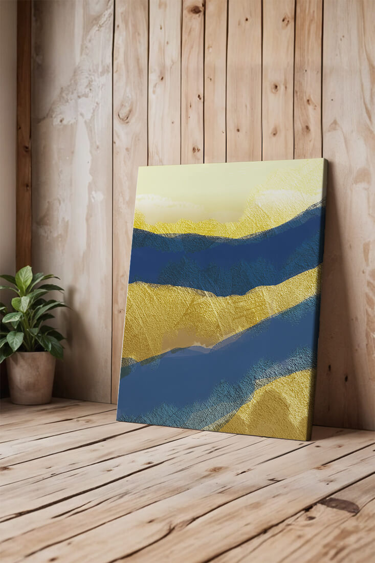 Abstract landscape with blue and yellow textured layers