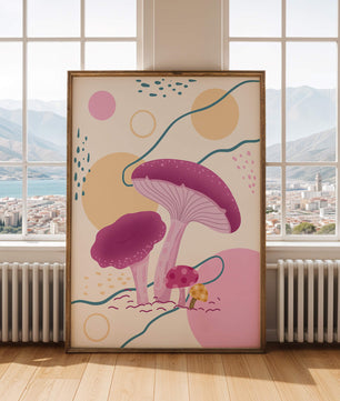 Champignons vibrants sur fond géométrique abstrait 
