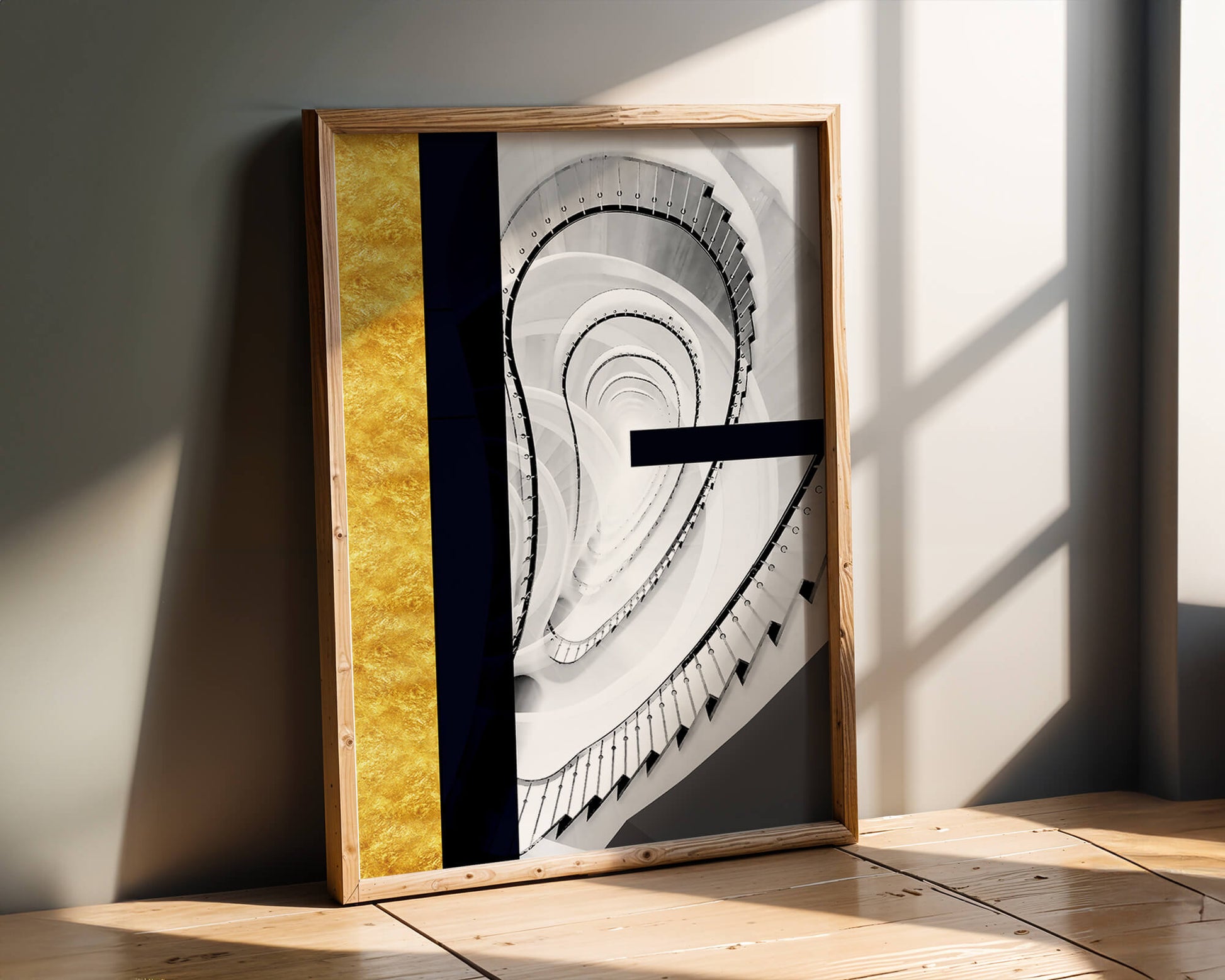 Abstract spiral staircase with a gold accent design
