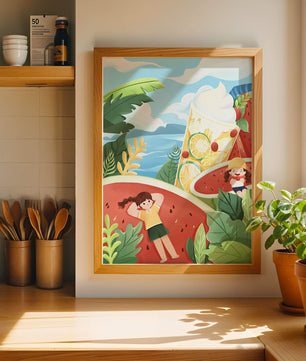 Paysage estival coloré avec des fruits tropicaux et des enfants qui se détendent