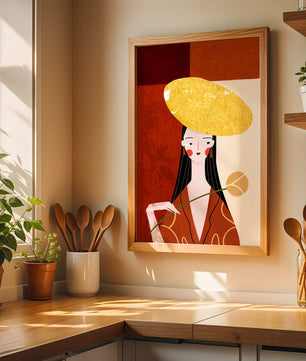Elegant Woman with a Gold Hat and a Flower on a Red Background - Mi tienda