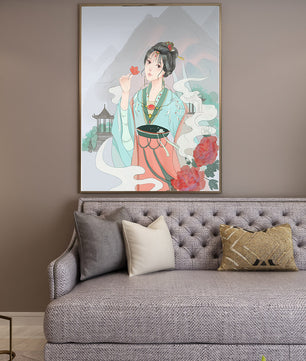 Elegant Asian woman with flowers and mountain background