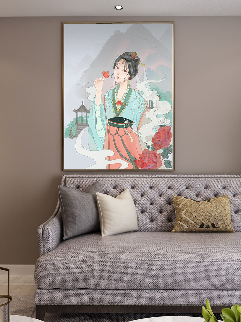 Elegante mujer asiática con flores y fondo de montaña.
