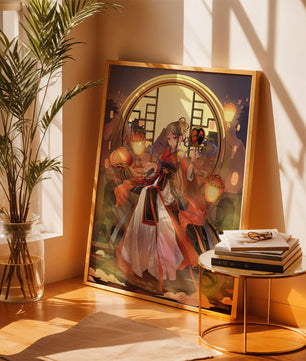 Elegant Asian-inspired fantasy artwork with lanterns