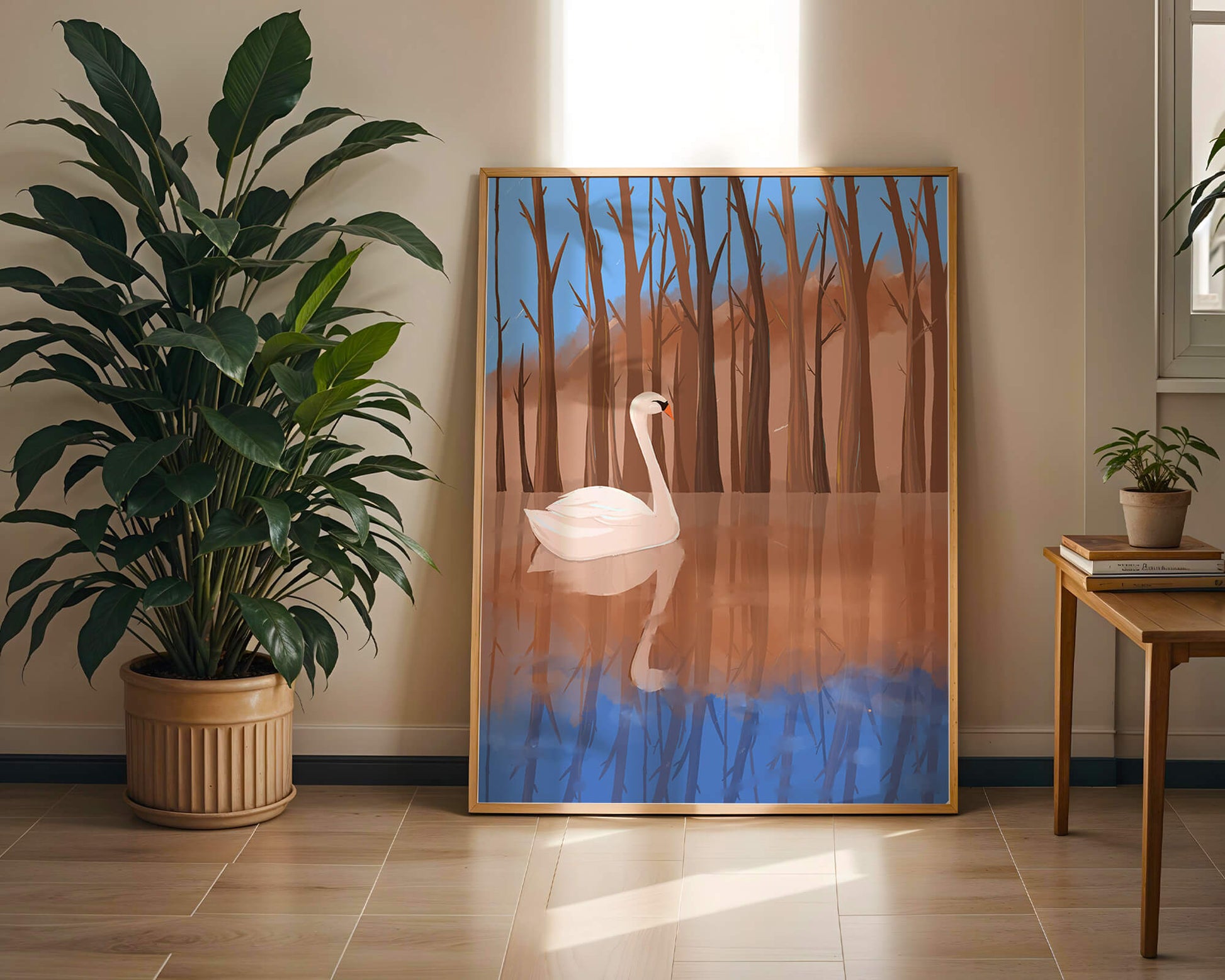 Serene swan on calm water with reflections of trees