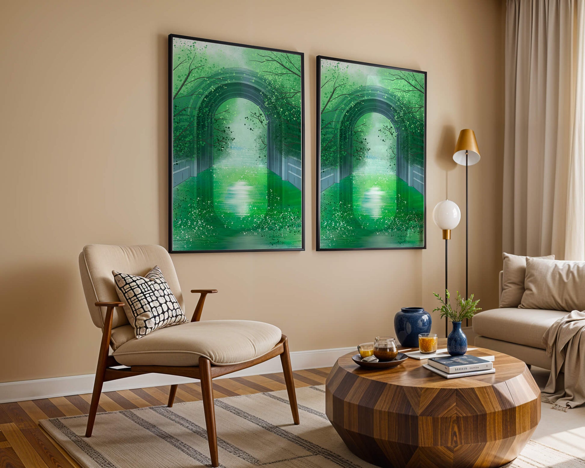 A serene green garden tunnel with reflective water