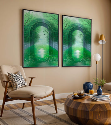 A serene green garden tunnel with reflective water