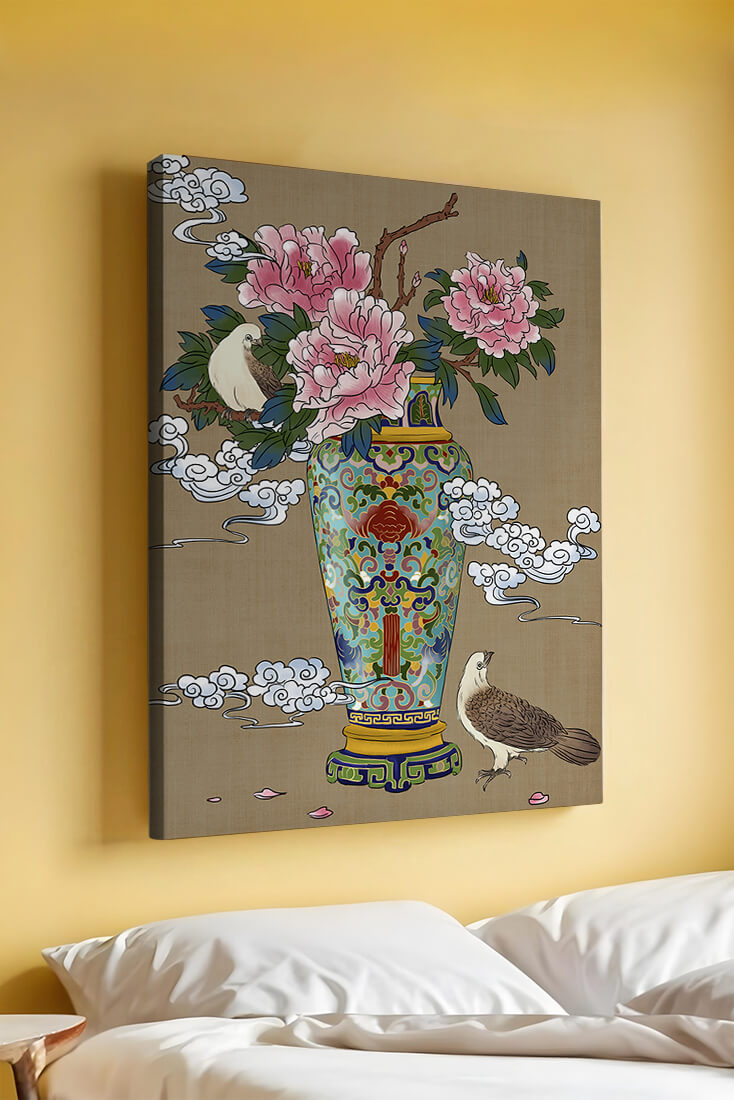 Elegant Asian Style Vase with Peonies and Birds