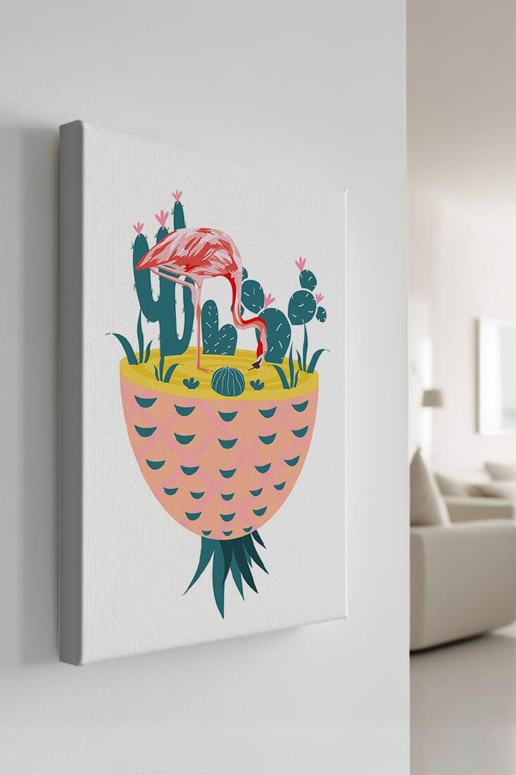 Ilustración de flamenco con cactus en jarrón de piña