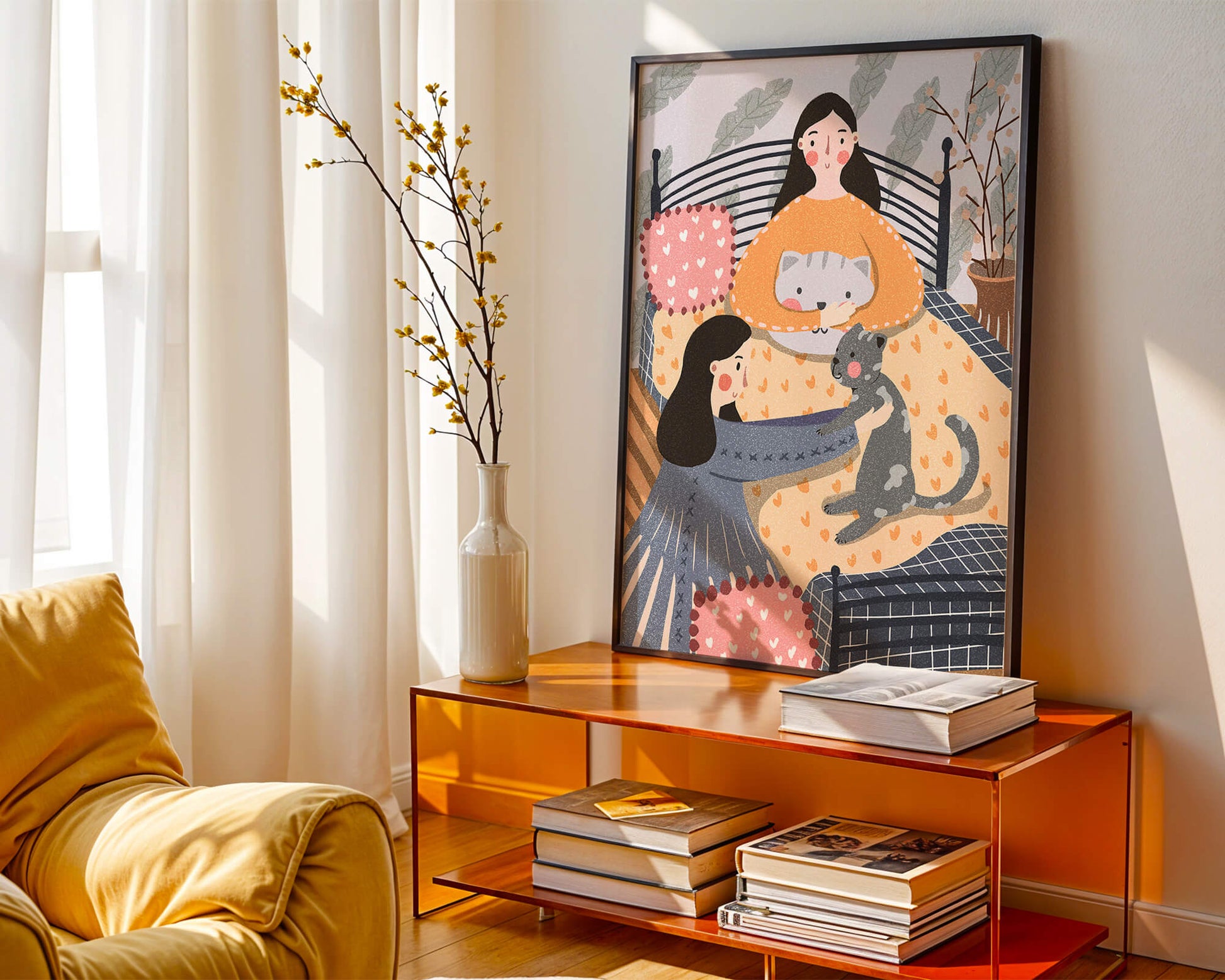 Escena interior acogedora con mujeres, gatos y elementos decorativos