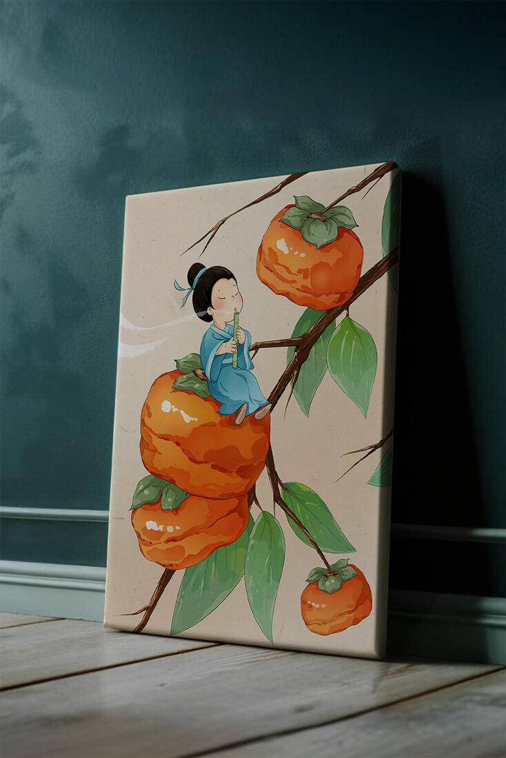 Child playing flute on persimmon-filled tree in whimsical illustration