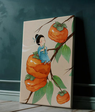 Child playing flute on persimmon-filled tree in whimsical illustration