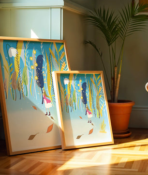 Whimsical scene with girl in colorful abstract forest