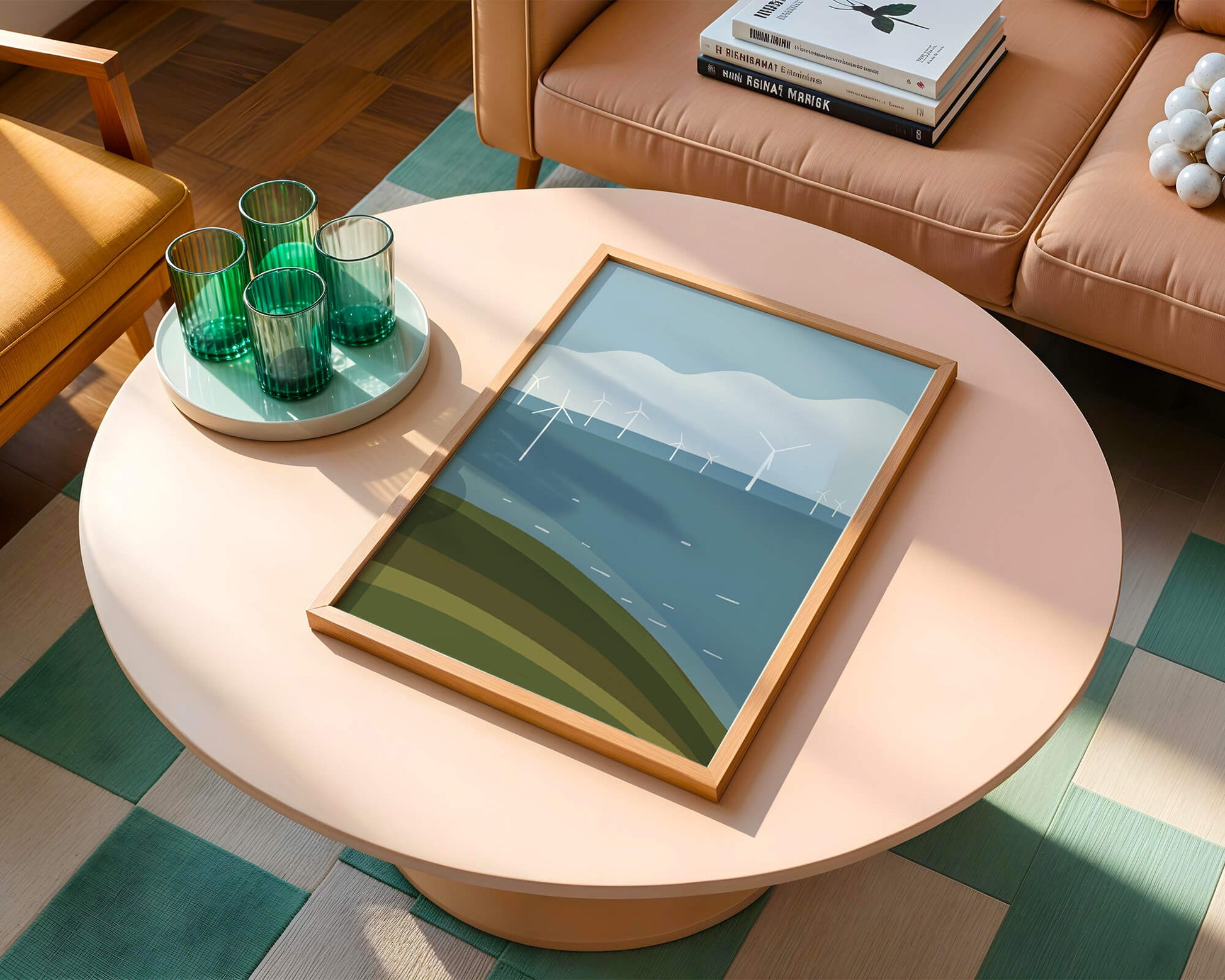 Wind Turbines on Rolling Hills Against a Clear Blue Sky