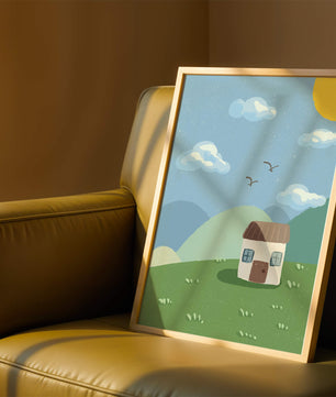 Illustration of a small house on a sunny hillside with clouds in a blue sky