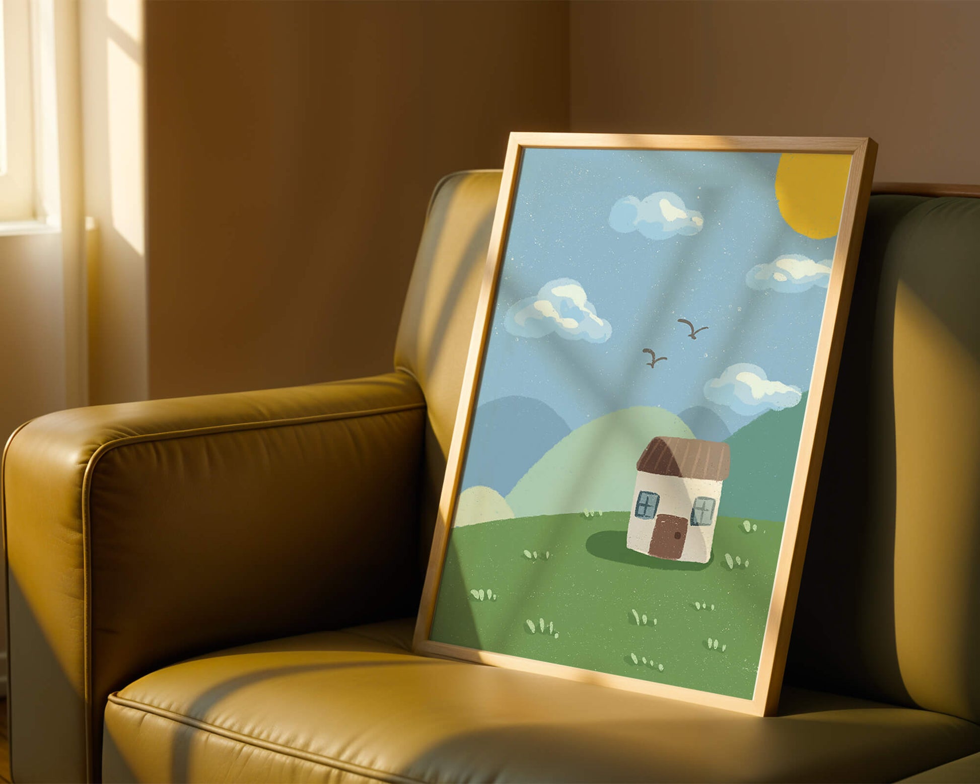 Illustration of a small house on a sunny hillside with clouds in a blue sky