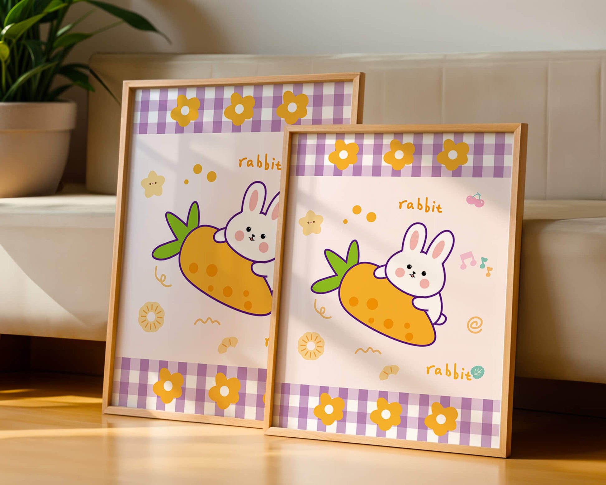 Illustrated cute rabbit with carrot on a colorful background