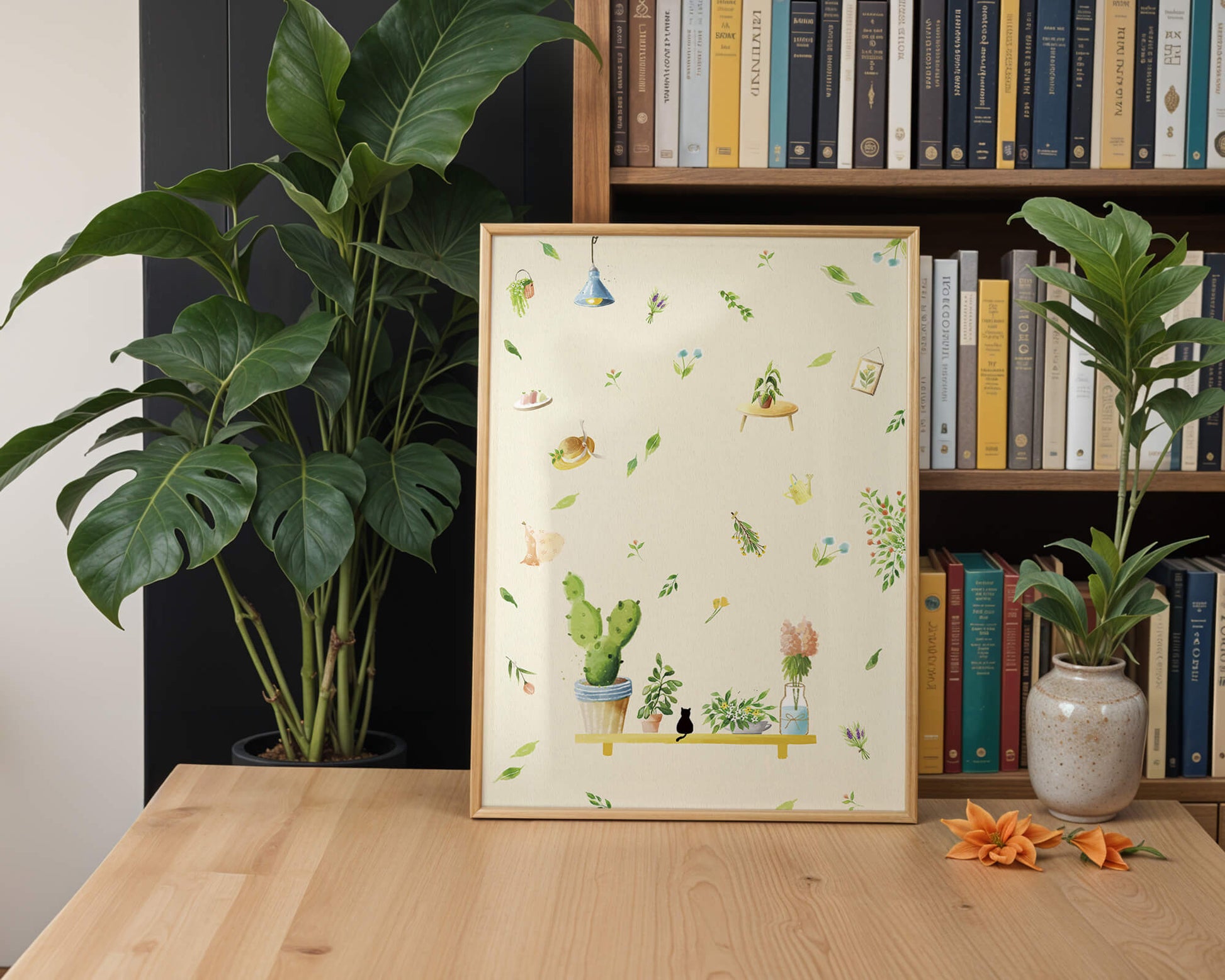 Illustration décorative avec des plantes et des éléments chaleureux