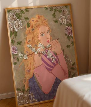 Ilustración floral romántica de una mujer con cabello largo y flores en flor