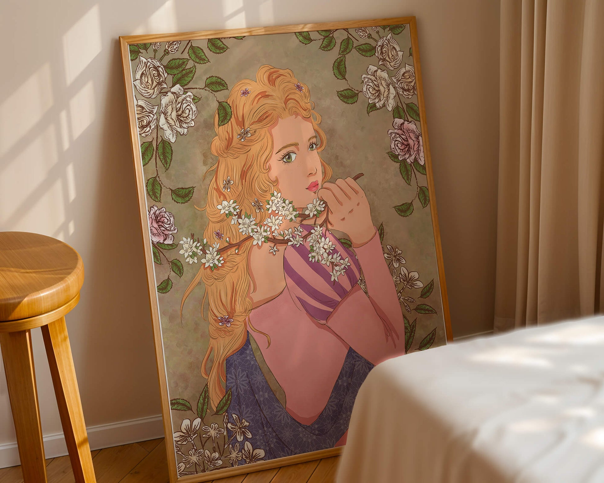 Ilustración floral romántica de una mujer con cabello largo y flores florecientes
