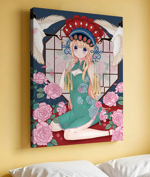 Chica anime elegante con atuendo tradicional y detalles florales y de grulla