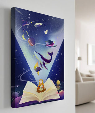 Imaginative galaxy scene with books and a child