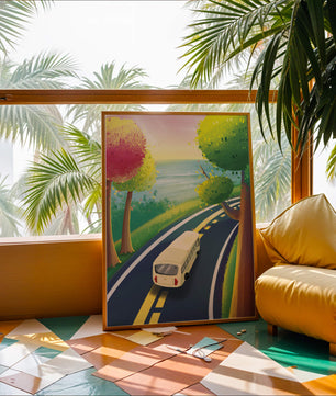 Scenic Road Trip with Vibrant Trees and Sunset