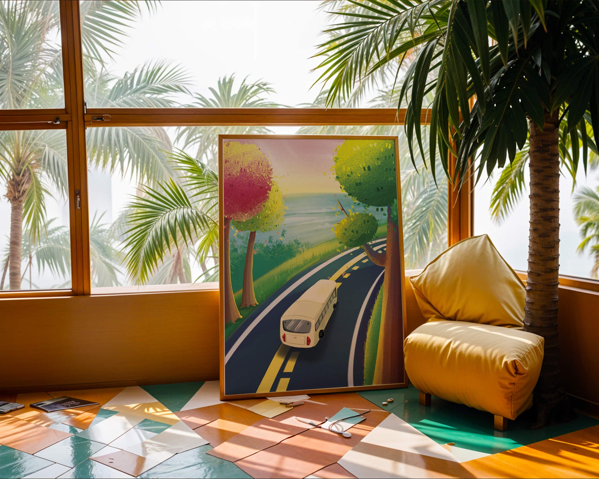 Scenic Road Trip with Vibrant Trees and Sunset